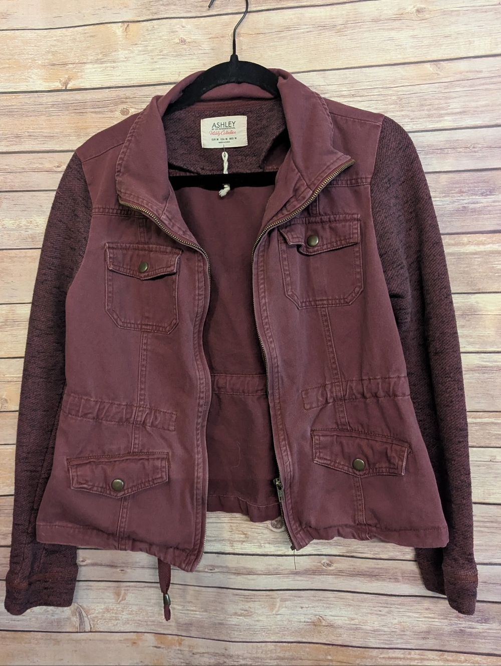 Ashley Utility Jacket Women’s Medium Burgundy Knit Sleeve Zip Military Anorak